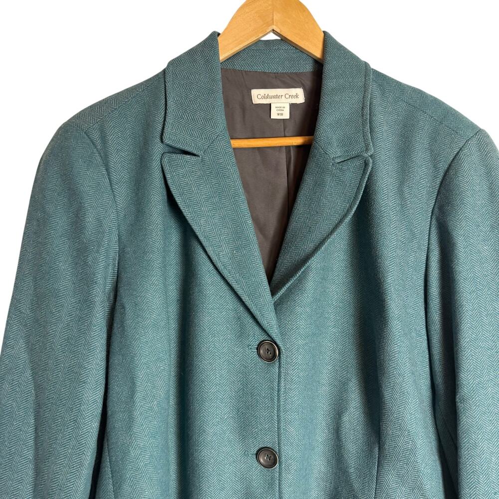 Coldwater Creek Teal Blue Wool Herringbone Tweed Blazer Jacket Plus Size 18 - Picture 3 of 9